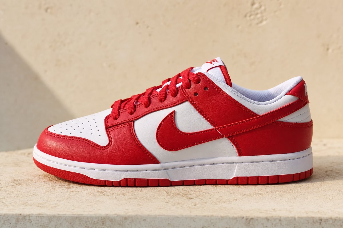 Nike Dunk Low in bold university red or cobalt blue colorway, displayed to showcase the vibrant statement colors