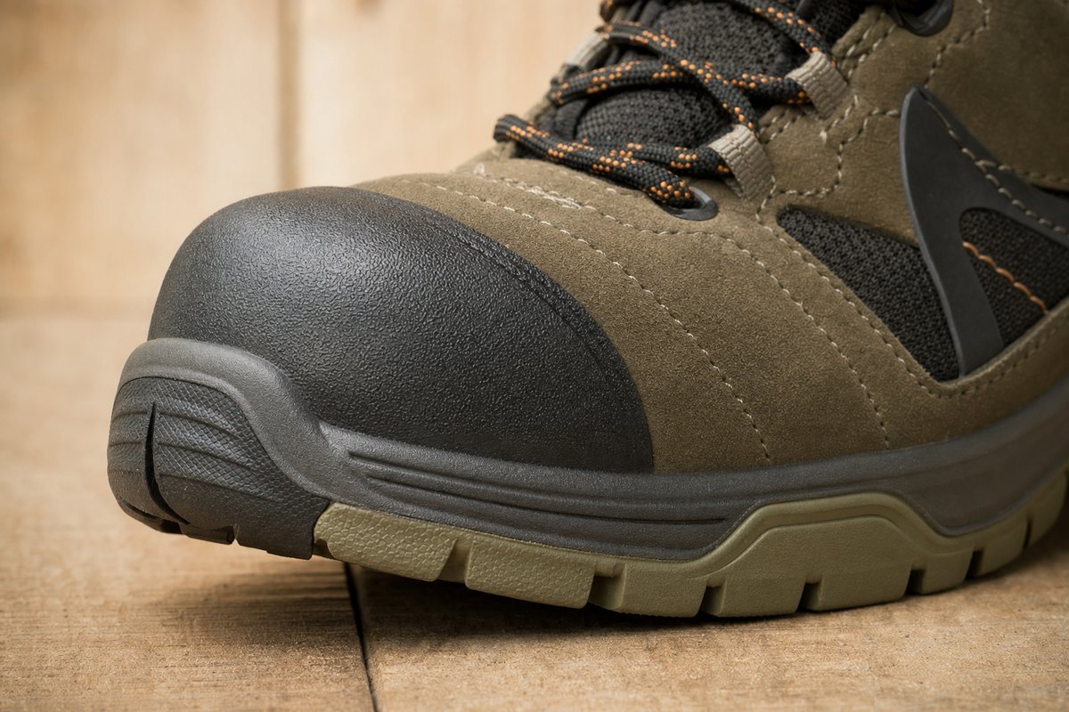 Close-up of reinforced toe cap and rubber outsole on durable sneakers showing quality construction details