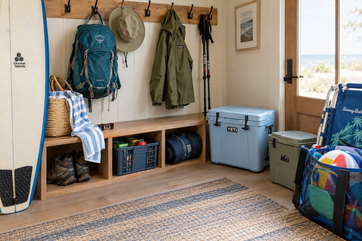 Mudroom or entryway of vacation rental with beach gear, hiking equipment, coolers, and organized storage for group trip supplies