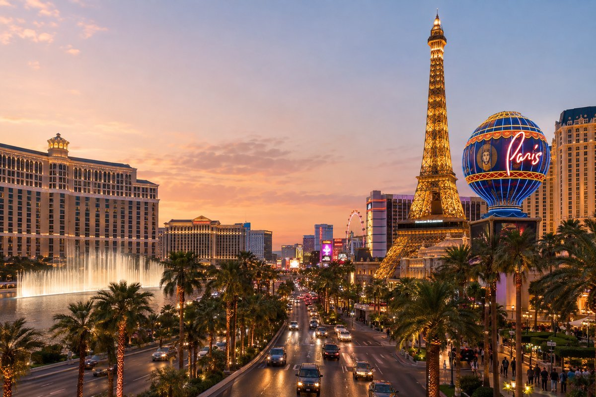 Las Vegas Strip at dusk showing luxury hotel casinos, bright lights, and palm trees along the boulevard