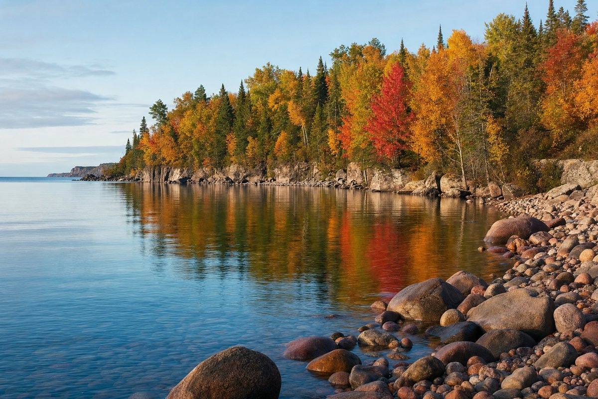 Lake Superior shoreline in Michigan's Upper Peninsula with colorful fall trees reflecting in calm blue water and rocky beach in foreground