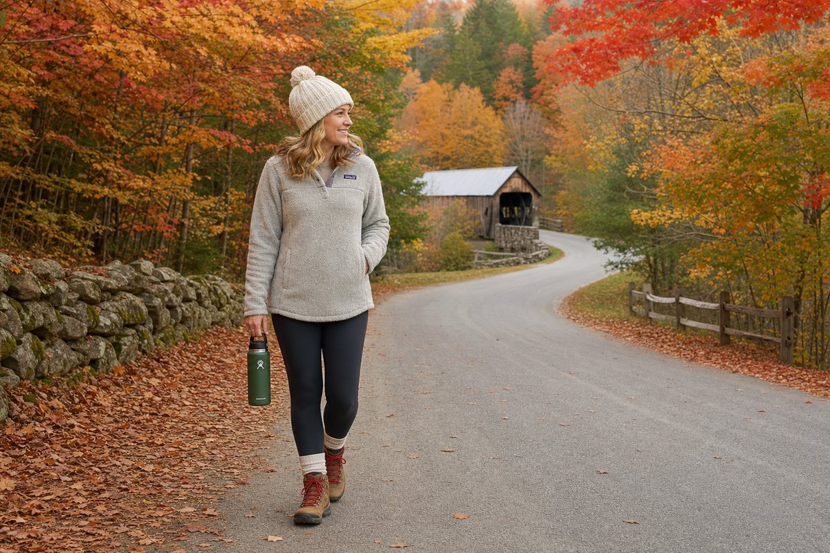 Winding rural road through Vermont forests with brilliant red and orange maple trees in peak fall color and a covered bridge in the distance