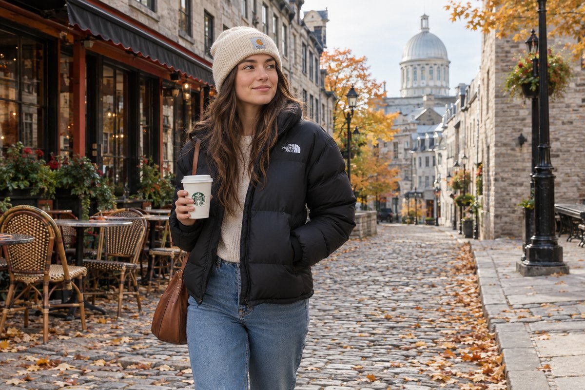 Old Montreal cobblestone street with historic buildings, outdoor café seating, and autumn leaves scattered on the ground
