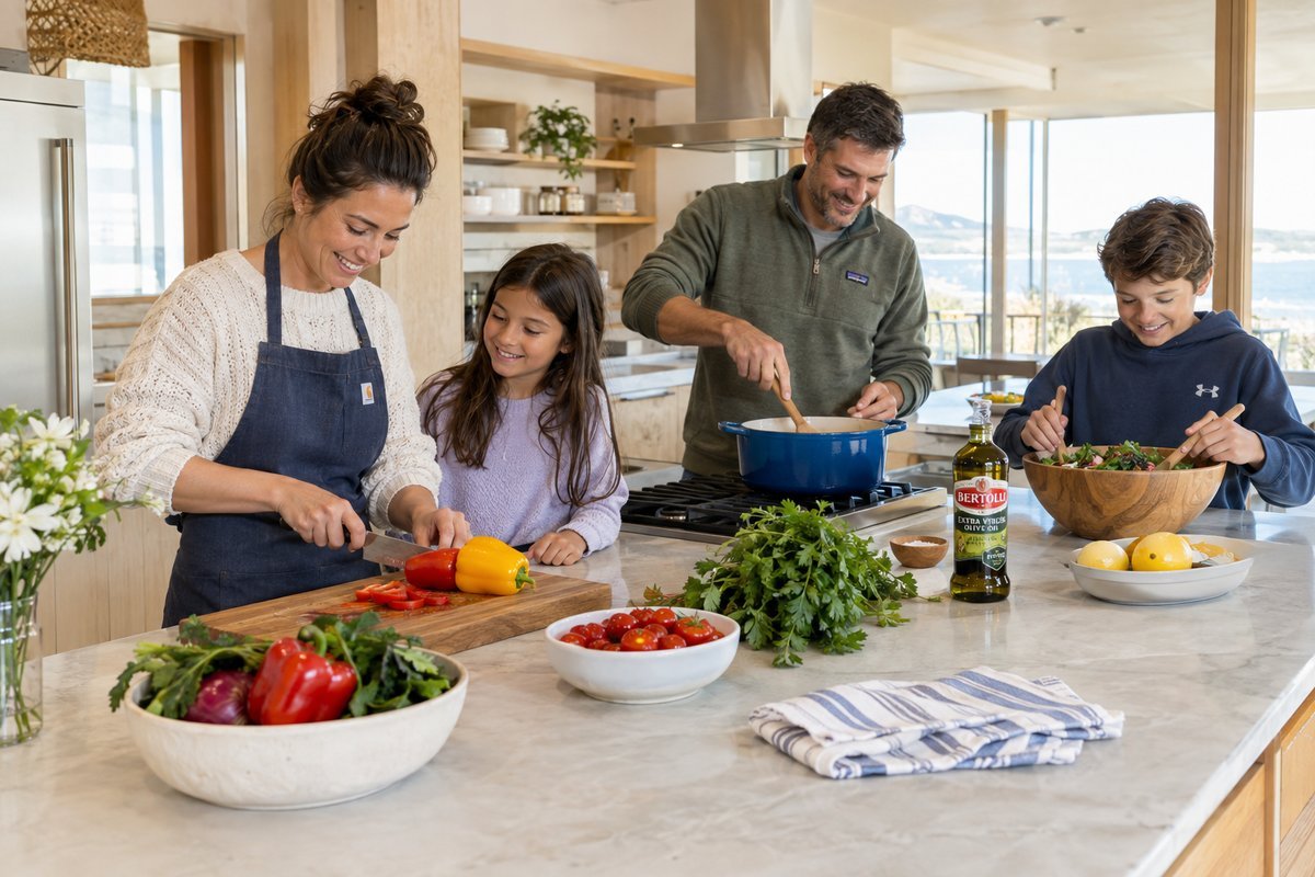 Family cooking together in a spacious vacation rental kitchen with modern appliances, everyone helping prepare a meal together