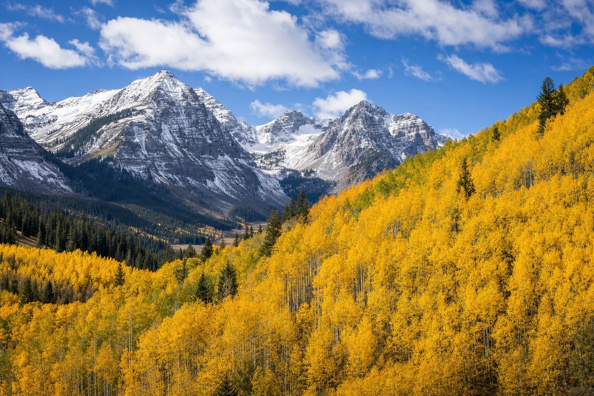 Golden aspen trees covering a Colorado mountainside with snow-capped peaks in the background under a bright blue sky
