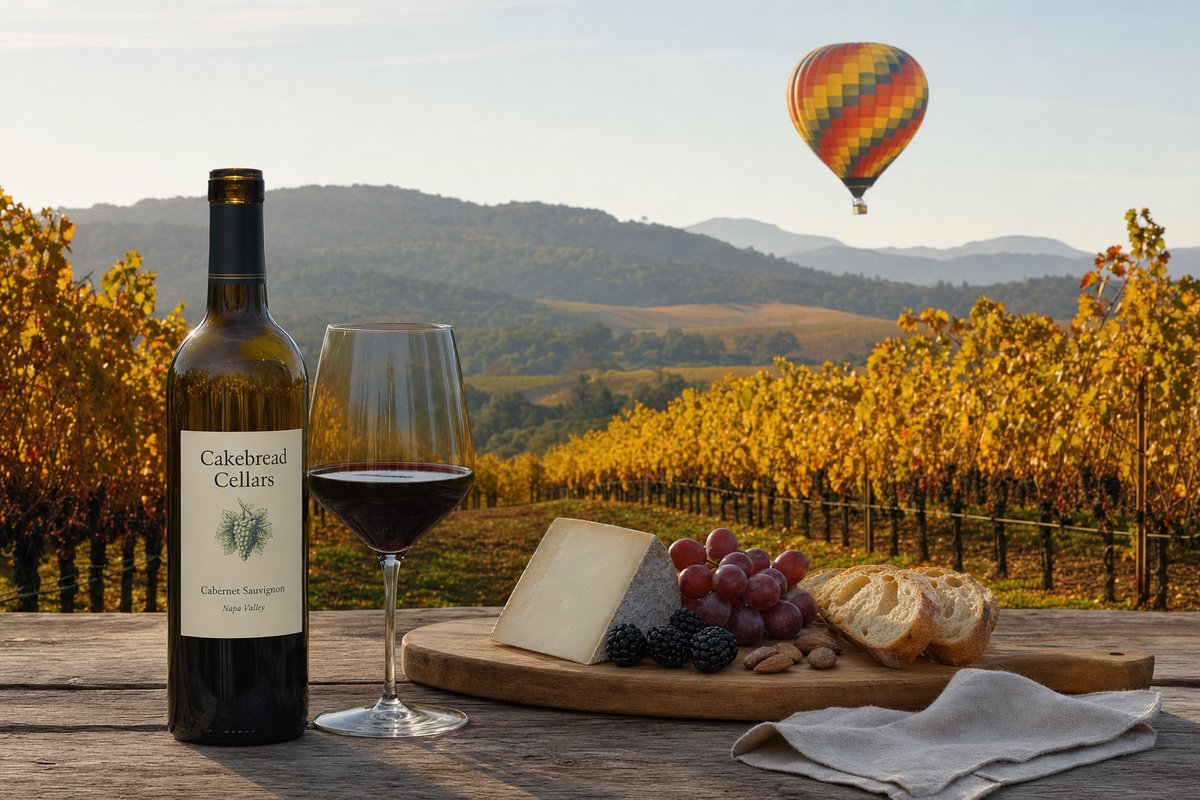 Napa Valley vineyard rows with fall grapevines and hot air balloon in morning sky