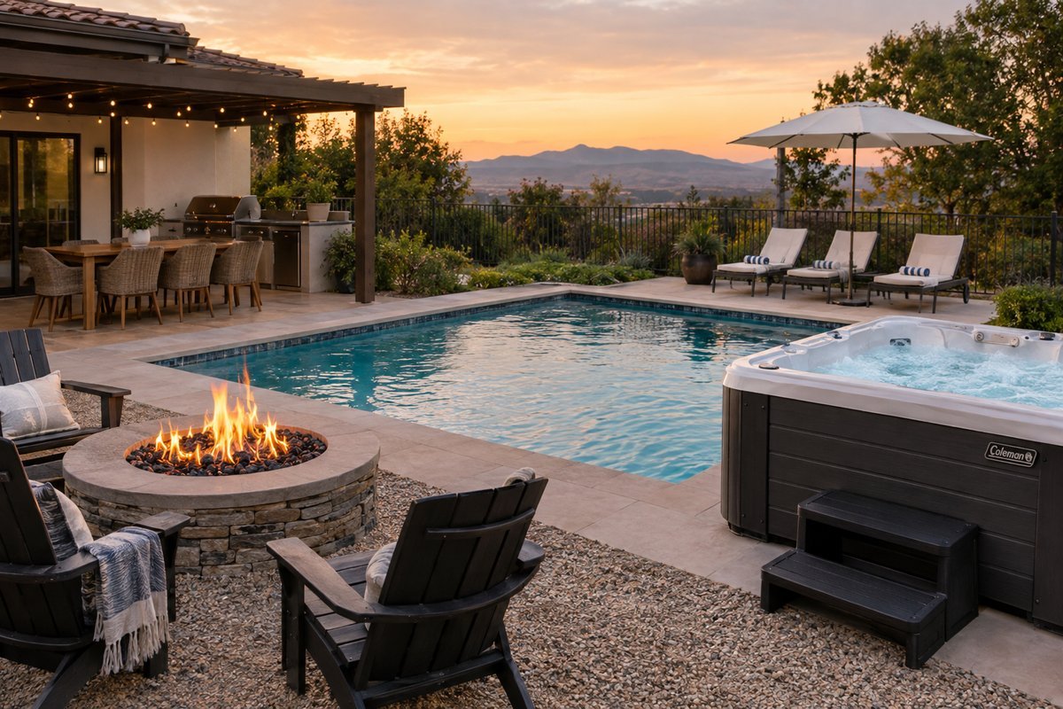 Vacation rental backyard with private pool, hot tub, fire pit, and outdoor dining area showcasing premium amenities