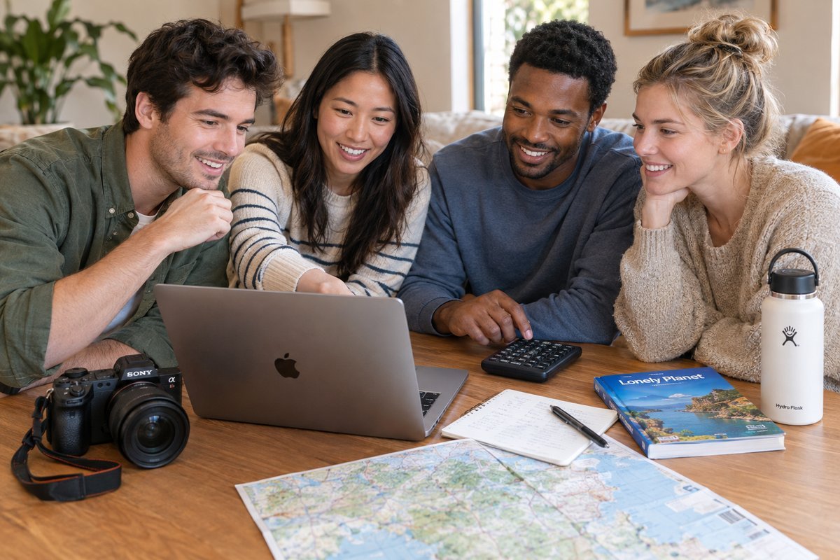 Group of friends looking at laptop together reviewing vacation rental costs and splitting expenses, calculator and travel planning documents visible